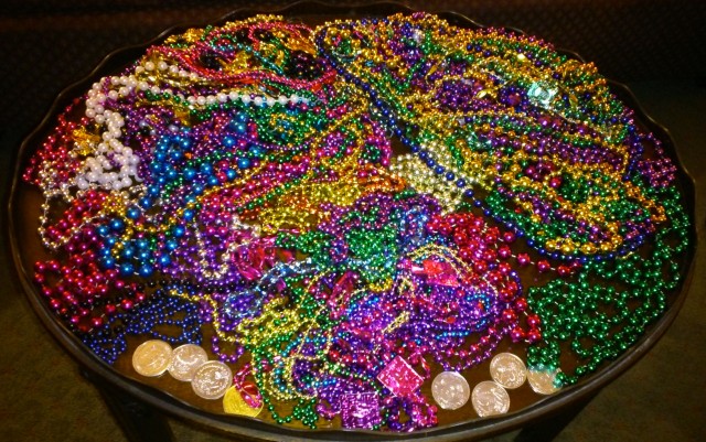 Mardi Gras beads and doubloons